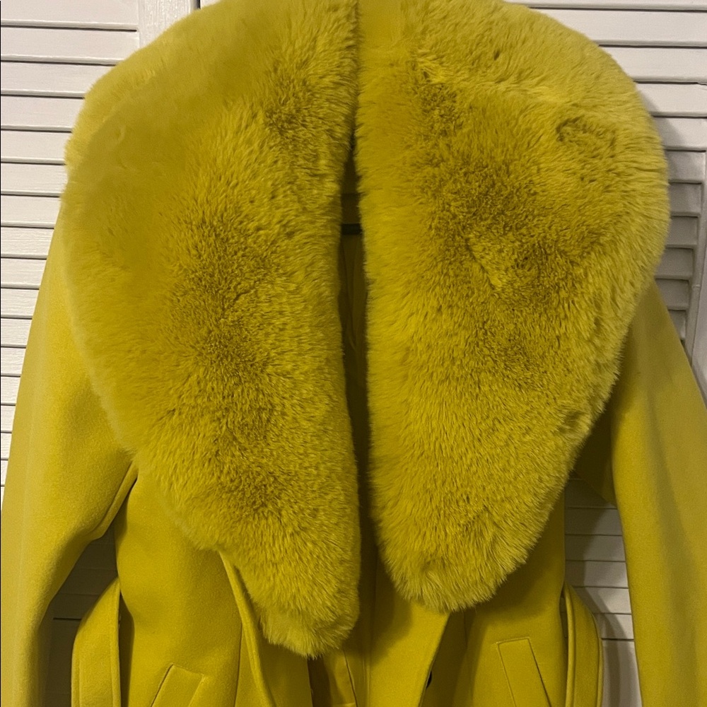 Luxurious Faux Fur Collar Belted Teddy Coat in Vibrant Yellow - Picture 2 of 4